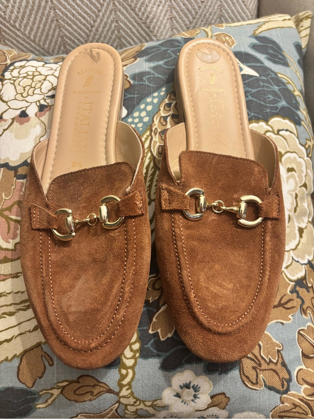 Italian Shoemakers Tan Suede Mule Loafers with Gold Hardware
